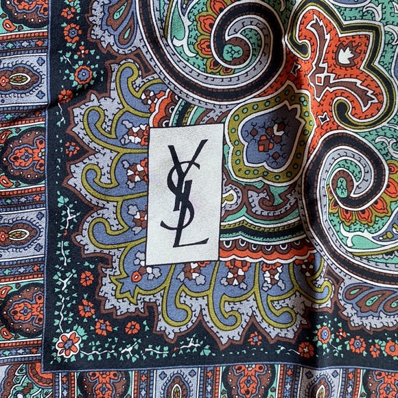 Yves Saint Laurent YSL Black Paisley and Striped Square Silk Scarf, 33” square - Picture 6 of 7